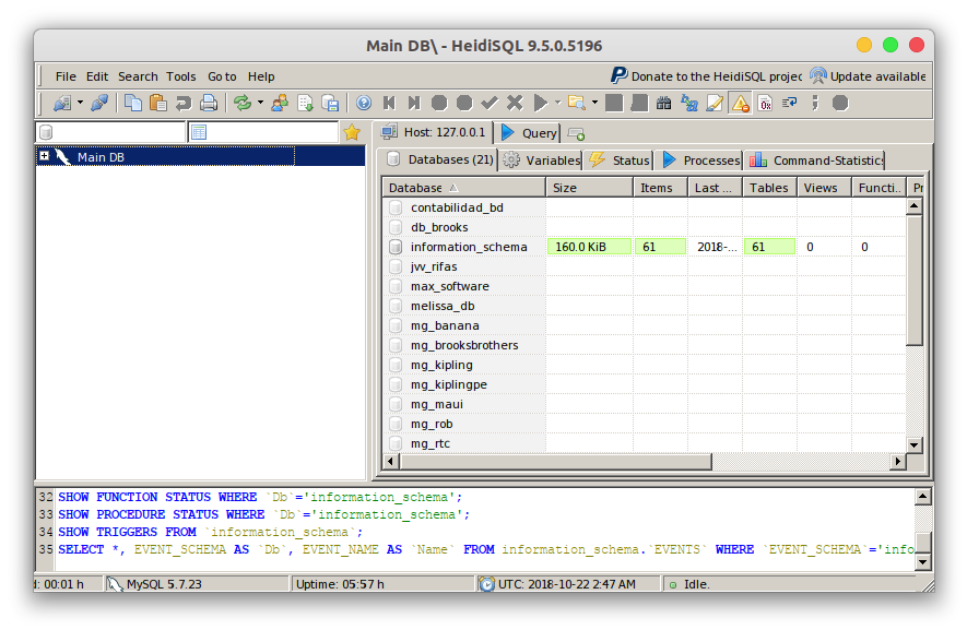 HeidiSQL Listado de Bases de Datos